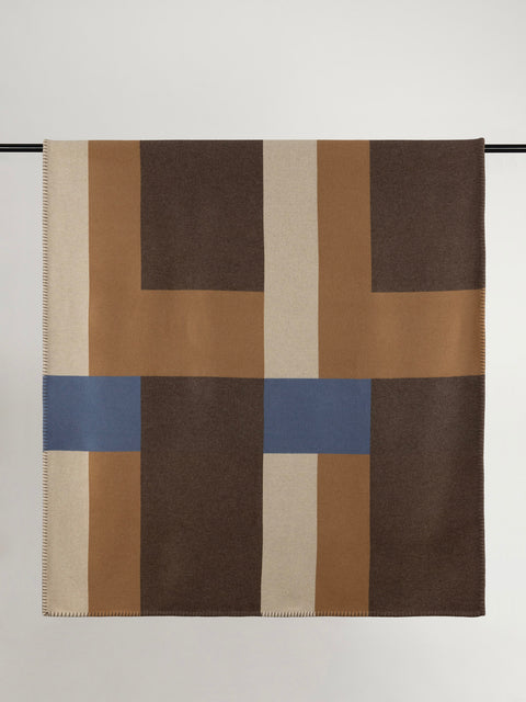 Brown, tan and blue geometric design wool blanket.
